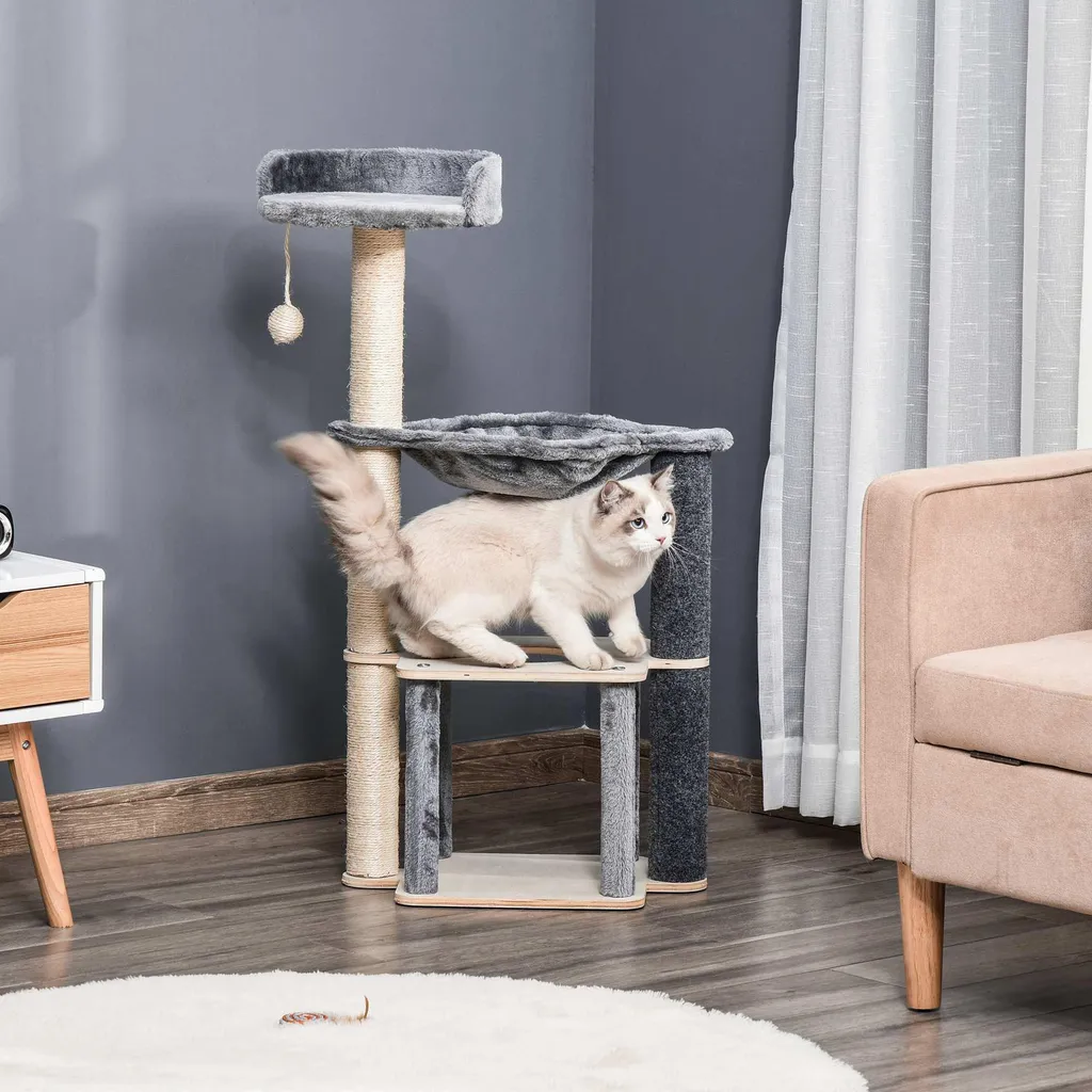 Arbre à chat solide en bois, 3 niveaux avec hamacs, durable et stable - 3