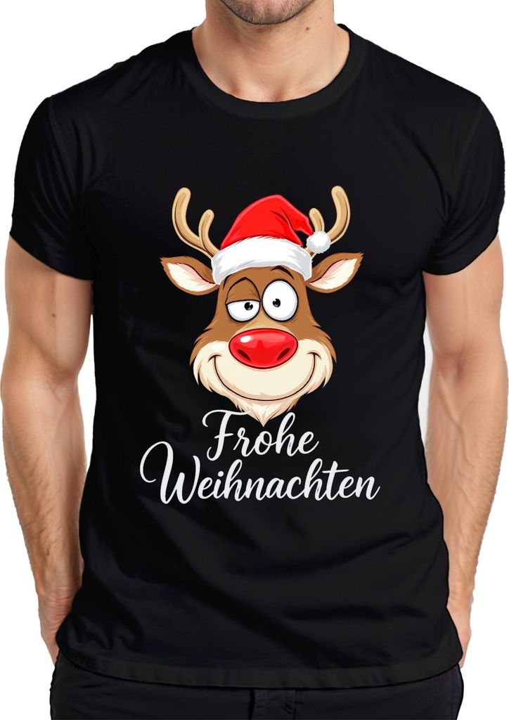 Frohe Weihnachten Rentier Rudolph Weihnachtsmütze Lustig Cartoon Herren T-Shirt, Schwarz, XXL