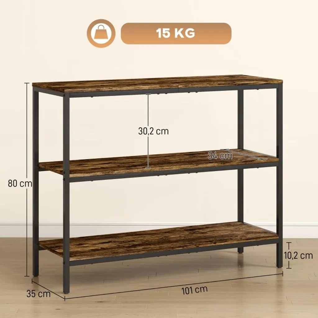 Table d'appoint industrielle à 3 niveaux en bois et métal marron clair