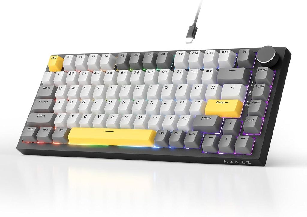 Mechanische Gaming-Tastatur 75% Hot-Swap Kabelgebunden, 82 Tasten, PBT Keycaps, Lautstärkeregler, Geräuschdämmung, Ergonomisch, Lineare Schalter
