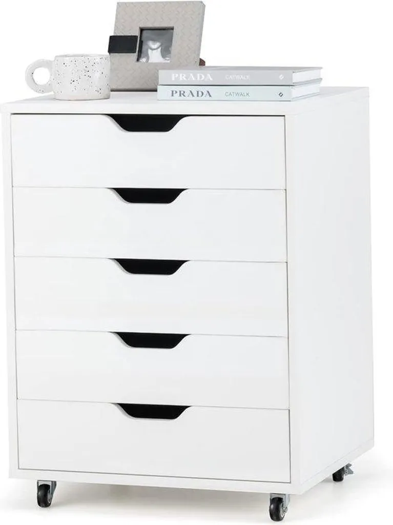 Petit caisson de bureau 5 tiroirs blanc mat avec roulettes pivotantes