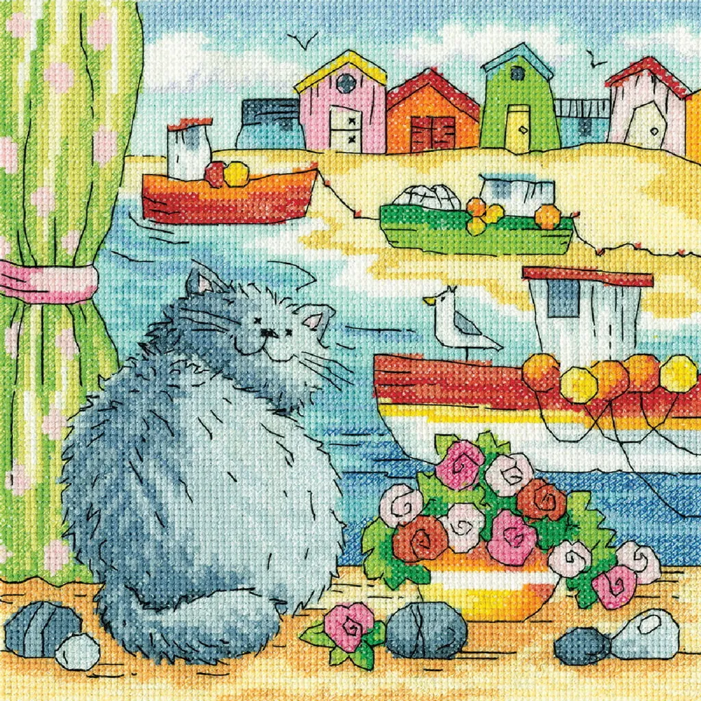 Kit per ricamo a punto croce Heritage in Aida "Beach view", schema contato, BSBV1770-A, 20,5x20,5cm