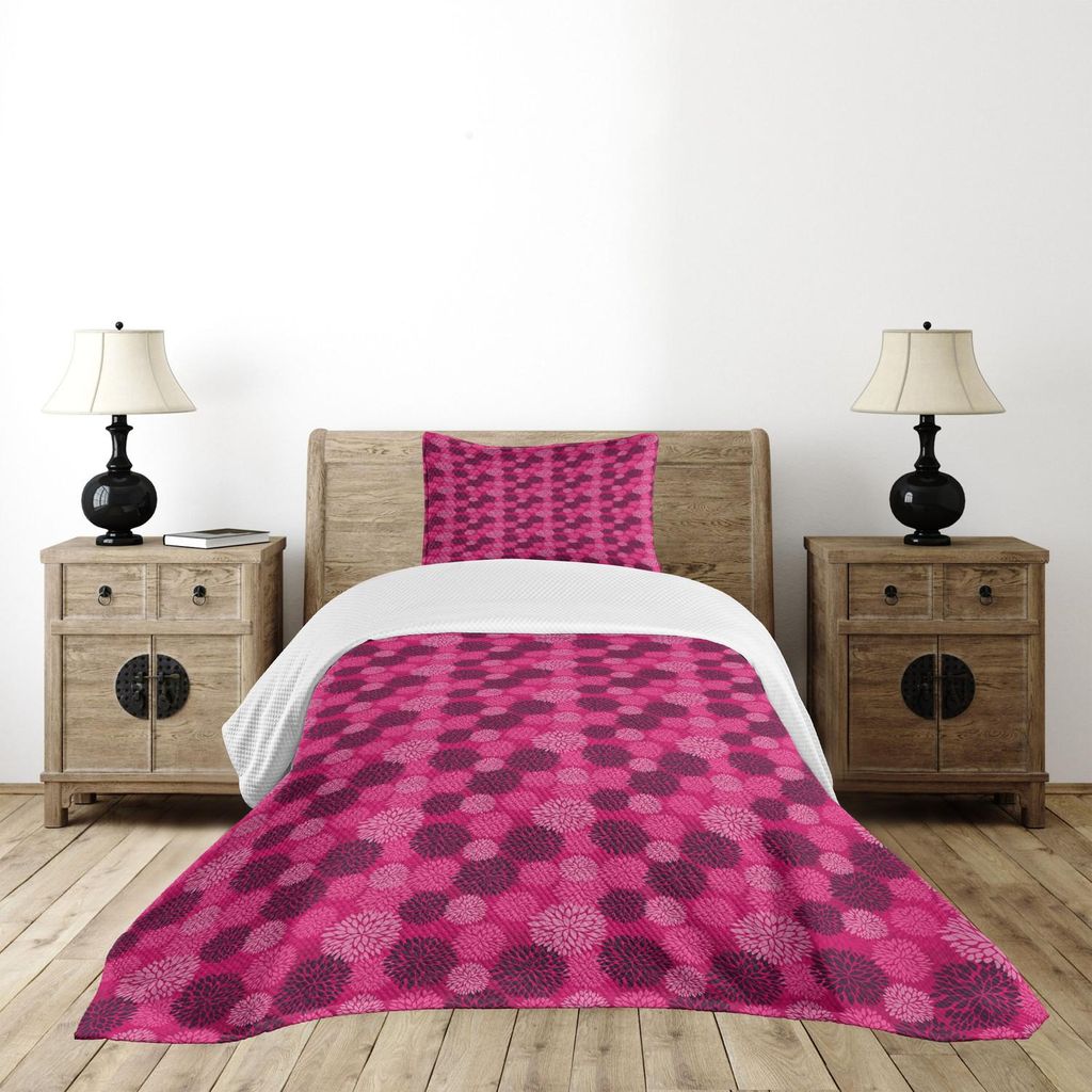 ABAKUHAUS Dahlie Tagesdecke Set, Blooming Saison Bouquets Schönheit Duft von Chrysanthemum Explosion, 170 x 220 cm, Pink und Dunkelviolett