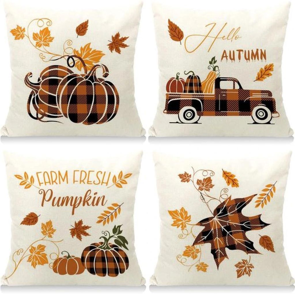 Unyqoos Set mit 4 Herbst Kissenbezügen mit Ahornblatt- und Kürbismotiv aus hochwertigem Baumwoll-Leinen