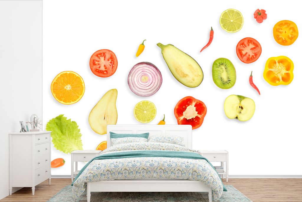 MuchoWow Fototapete für Wohnzimmer oder Schlafzimmer Wandtapete Vinyl Motivtapete Kopfsalat - Apfel - Weiß - 525x350 cm - Das Hintergrundbild