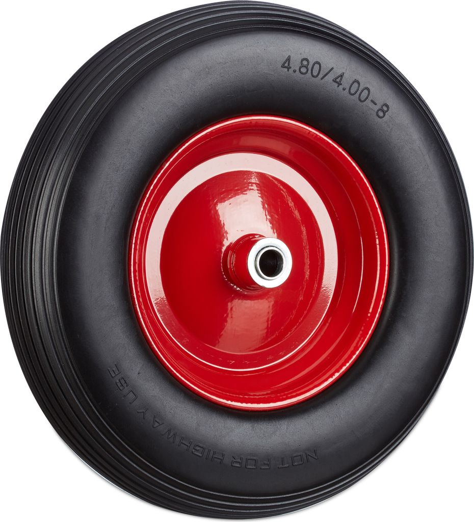 2 x Schubkarrenrad 4.80 4.00-8, Vollgummireifen und Stahlfelge, Ersatzrad pannensicher, 100kg Traglast, schwarz-rot