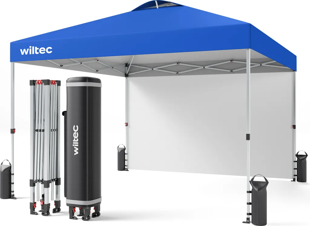 Wiltec Gazebo Pieghevole 3x3m Blu con Parete Laterale e One Push