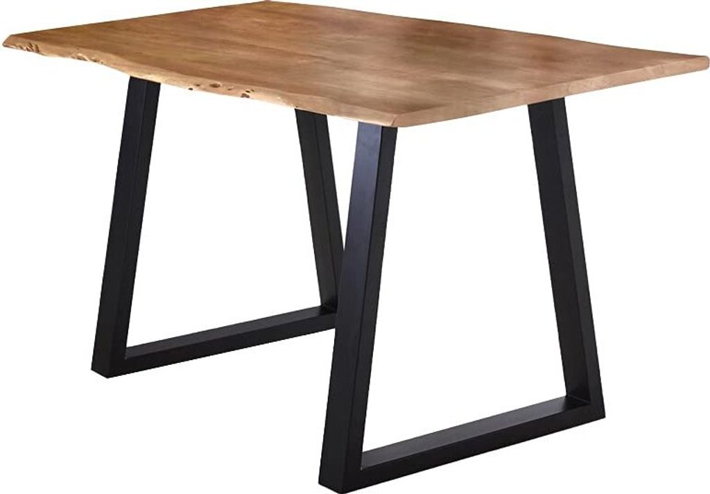 Esstisch 160x85 cm Lubin, Akazienholz naturfarben, Massiver Esszimmertisch mit echter Baumkante, Baumkantentisch mit V-Gestell Schwarz, Holztisch m...