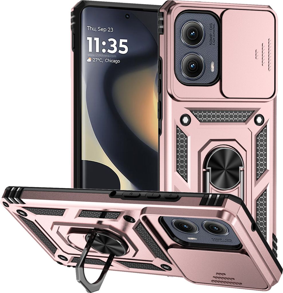 Hülle für Motorola Edge (2024) mit Schiebe Kamera Schutz und Ringhalter Ständer Hybrid Schutzhülle Rosa