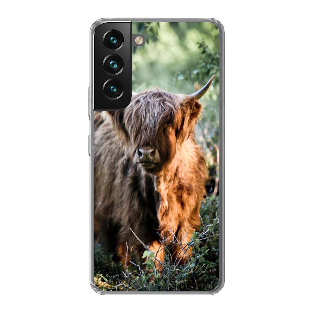 MuchoWow Handyhülle Schutzhülle Hülle für Samsung Galaxy S22 Plus Schottische Highlander - Wald - Tiere Silikon Softcase Handy Hülle - Schut...