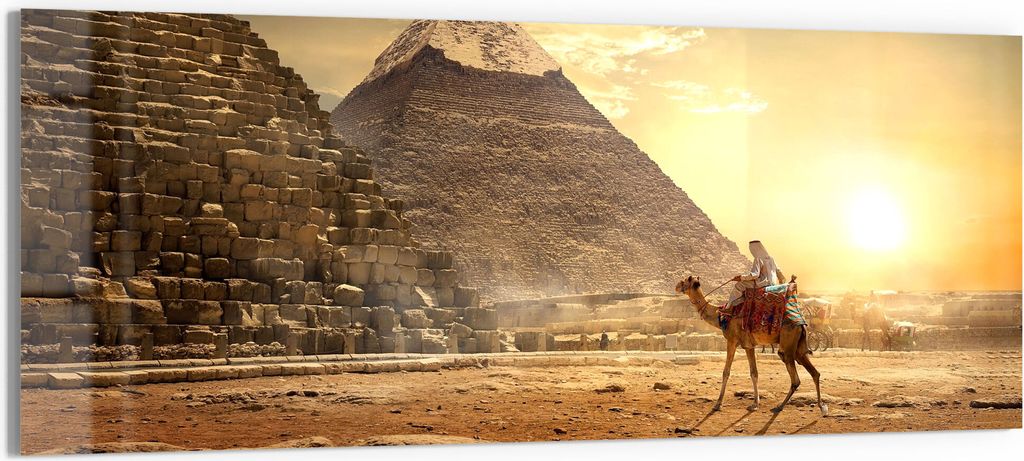 DEQORI Glasbild Echtglas 150x60 cm 'Kamelritt in der Wüste' Wandbild Bild modern Deko