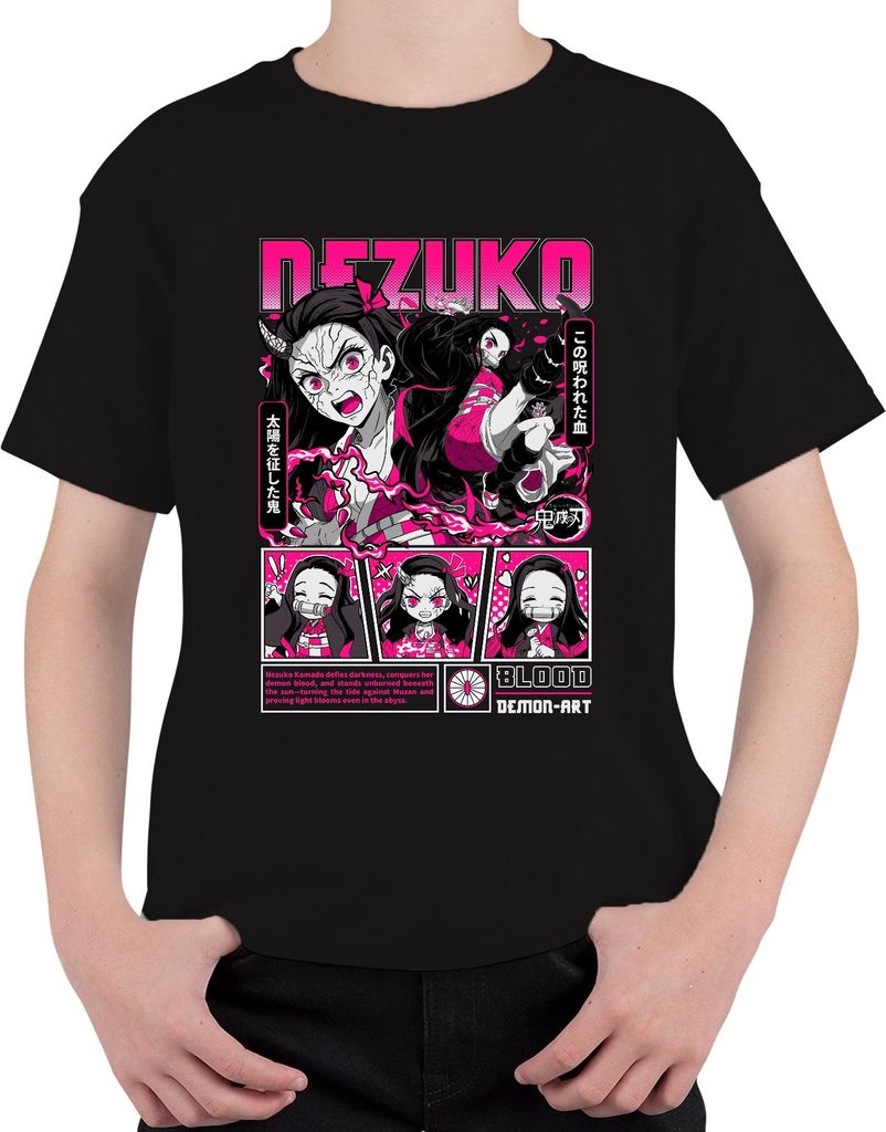 Demon Slayer Nezuko Dämon Blut Anime Geschenk Japan Y2K Streetwear Halloween Uni Kinder T-Shirt, Schwarz, 128