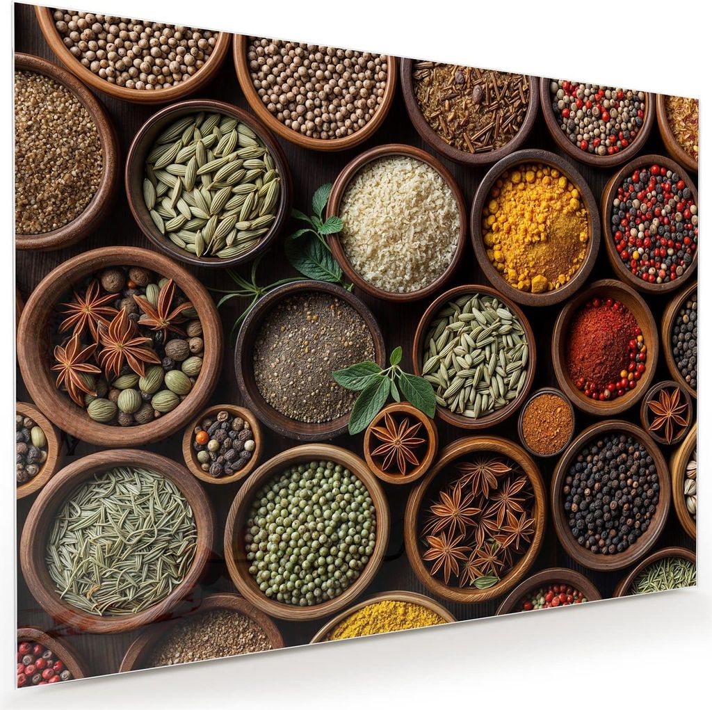 Glasbild 120x90cm in XXL für Wohnzimmer, Schlafzimmer Motiv Vielfalt Gewuerze