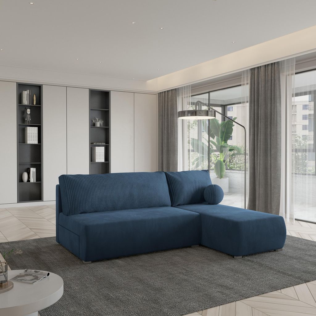 Masseno Ecksofa PARVELO mit Schlaffunktion L-Form, Sofa mit Bettkasten, Wohnzimmersofa, Couch, Soffa, Bettsofa, Couchgarnitur- Blau, POSO 05 + KRON...