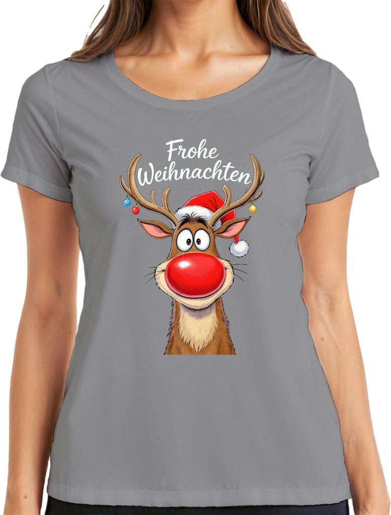 Frohe Weihnachten Rentier Rudolph rote Nase Weihnachtsmütze süß Damen T-Shirt, Grau, L