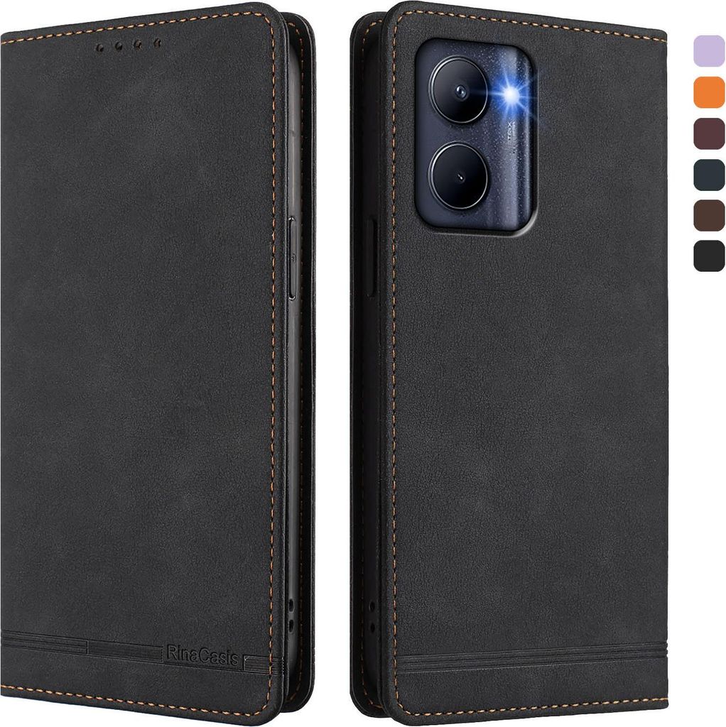 Hülle für Realme C33 2022/2023, Retro Kunstleder Ständer Klapphülle mit Kartenfächer und Magnetische Schwarz