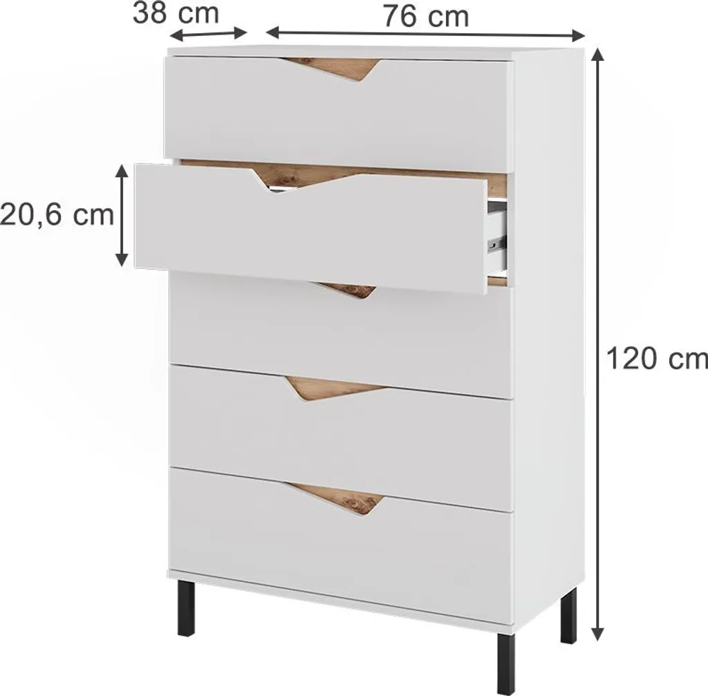 Commode Vicco Marelle Blanc et Artisan 5 tiroirs 120cm Modèle 57845 - 3