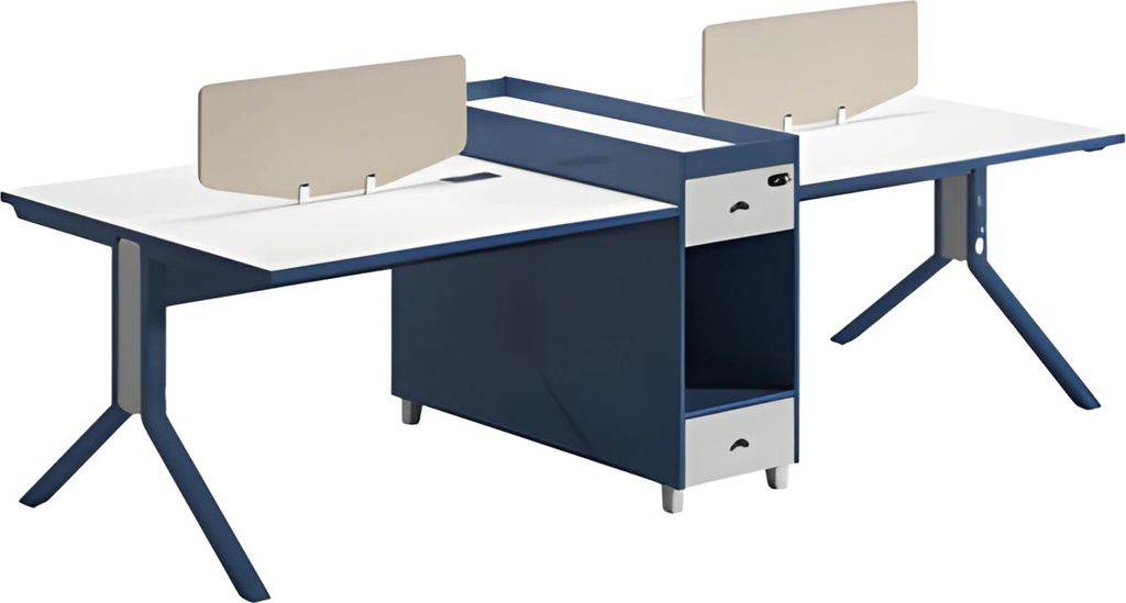 Bürotisch Doppelarbeitsplatz Blau Weiß mit Trennwand Modernes Design für Büro