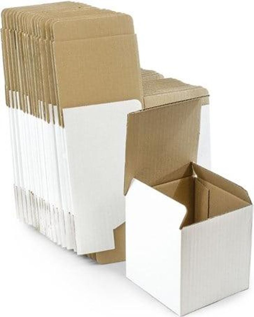 A stack of cardboard boxes and one assembled box.