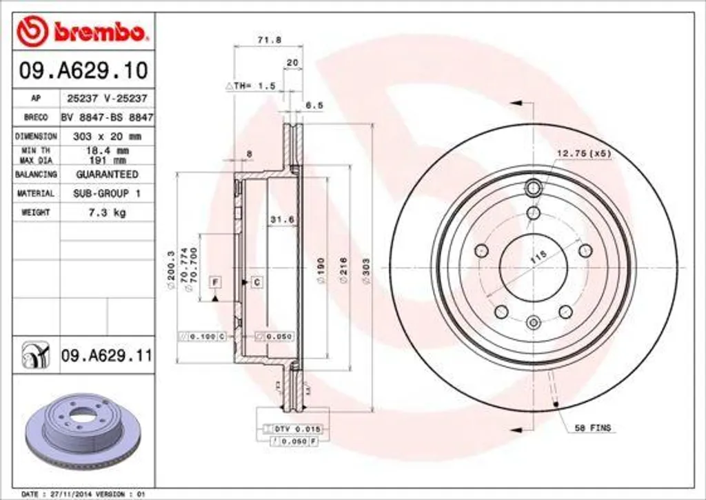 Disque de frein Brembo 09.A629.11 pour Opel Antara et Chevrolet