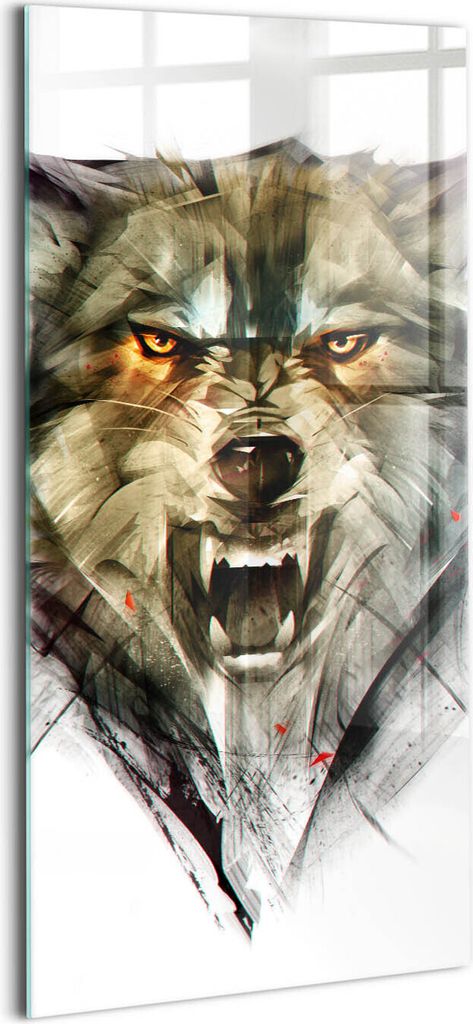 Designer Glasbild - Wandbild - Glas Bild - 70x140 cm - Gezeichnetes Porträt Eines Wolfes