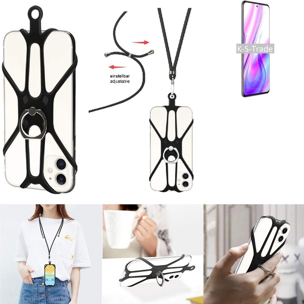 K-S-Trade 3in1 Handykette Handyband Handykordel Halsband Smartphone-Ring Handy-Ring kompatibel mit ZTE S30 Pro Fingerhalterung Handyring Tischständer