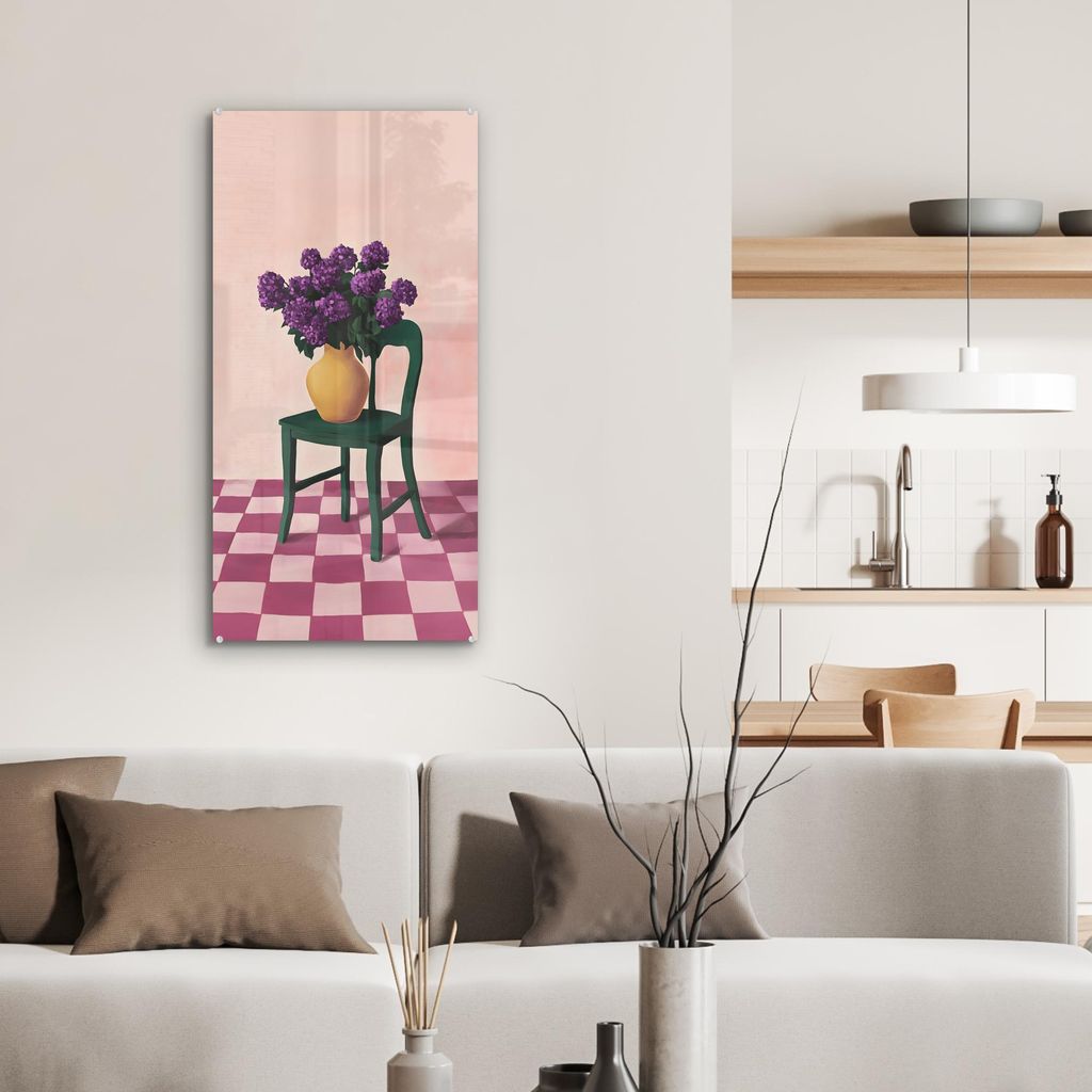 MuchoWow Glasbilder - Bilder auf Wandbild - Foto auf Glas Stuhl - Vase - Blumen - Blockiert 40x80 cm Wanddekoration aus Glas - Acrylglasbild - Acry...