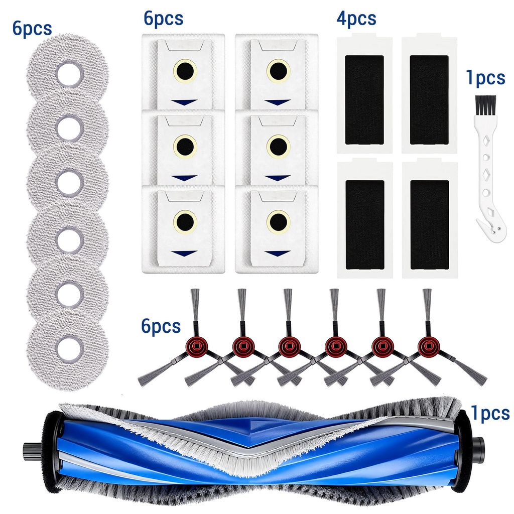 Zubehör-Set für Ecovacs Deebot T30 Omni / T30 Pro Omni Saugroboter, 1 Hauptbürste, 4 HEPA-Filter, 6 Wischtücher, 6 Staubbeutel, 6 Seitenbürsten