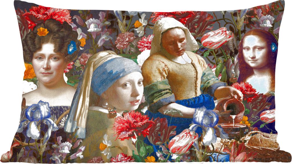 MuchoWow Zierkissen Sofakissen Wohnzimmer Dekokissen 50x30 cm Collage - Malerei - Alte Meister - Blumen - Wohnzimmerdekoration - Polster mit Photo