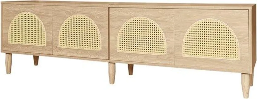 Banc TV en bois et cannage rotin 180 cm style Japandi avec rangements