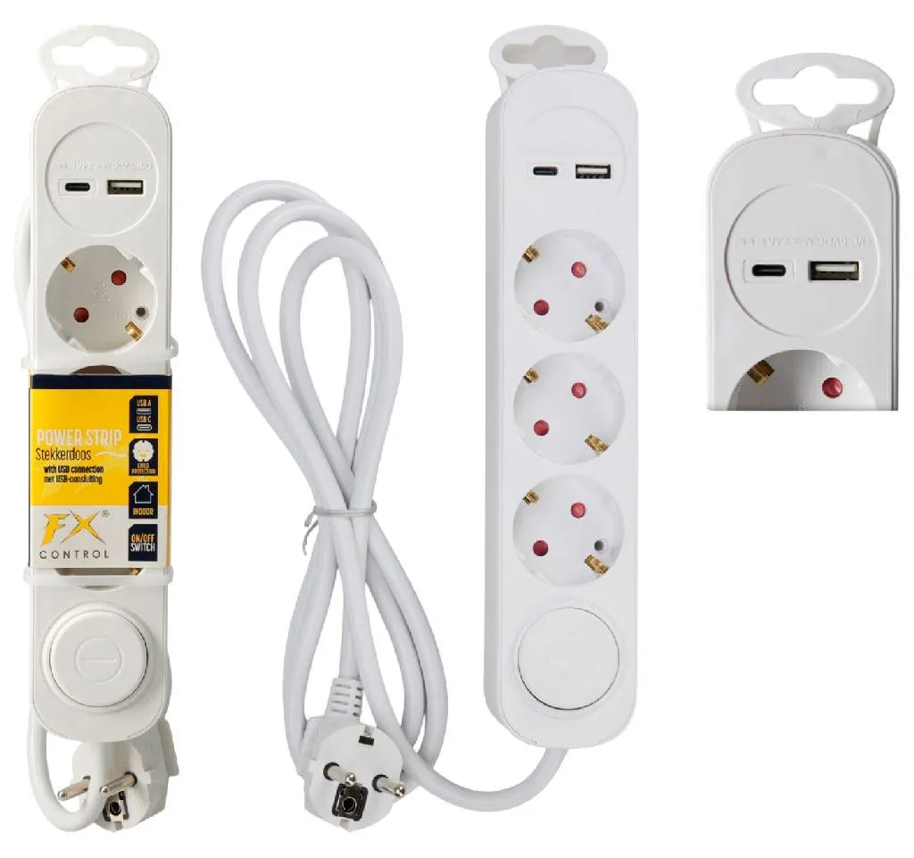 Multiprise 3 prises interrupteur et port USB, cordon 1.4m van der Meulen
