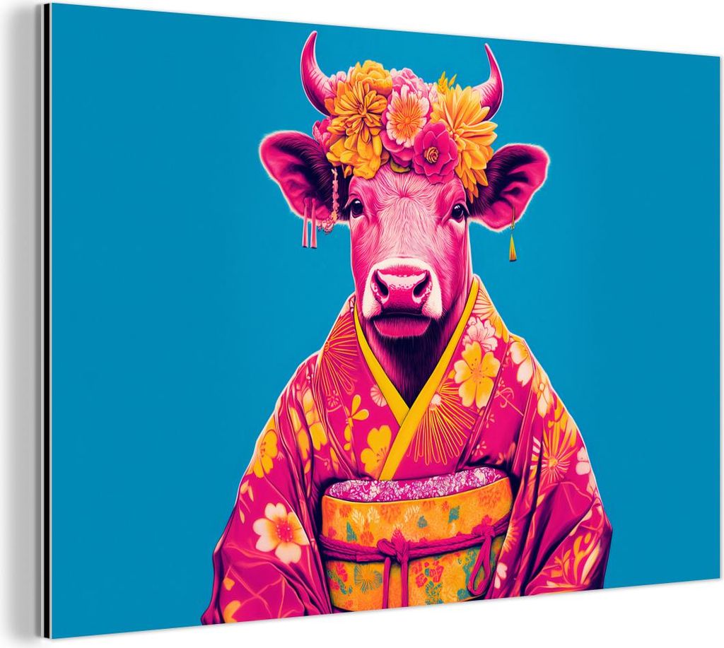 MuchoWow Wanddekoration Metall Metallbild Wandkunst 60x40 cm Kuh - Blütenkranz - Ohrringe - Kimono MuchoWow Aluminium Gemälde - Gemälder