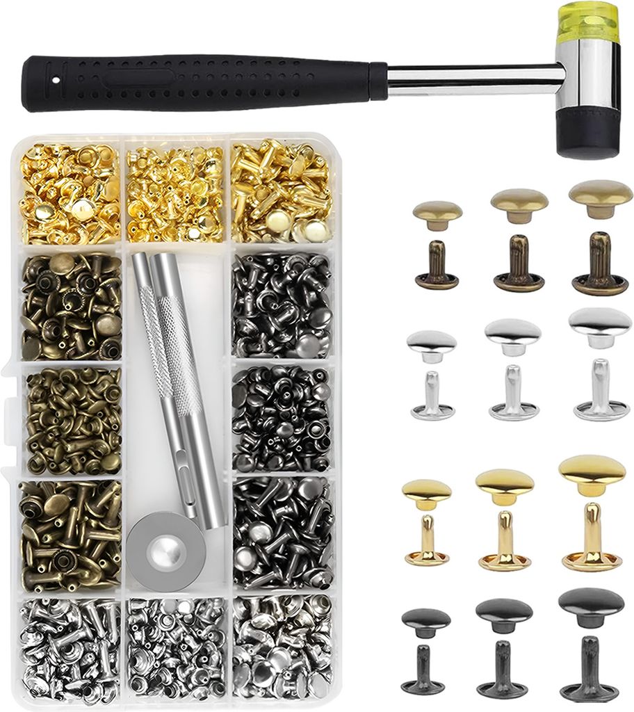 300 Sets Ledernieten-Set, 4 Farben, Doppelkappennieten für Leder, 3 Größen, mit Gummihammer, Installationswerkzeug-Set, 3-teilig, für DIY-Leder...