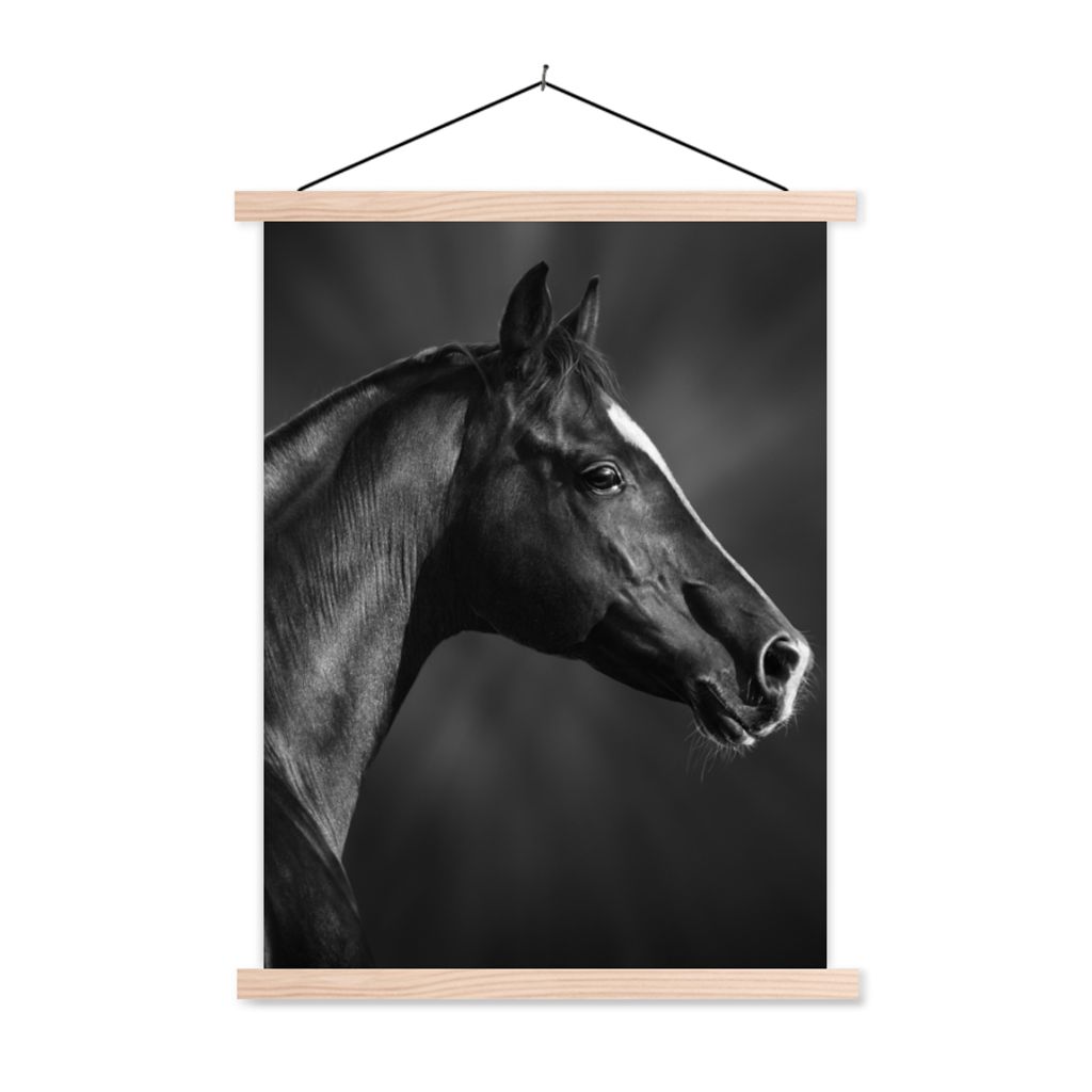 MuchoWow Textilposter Pferd - Tiere - Schwarz - Weiß - Porträt 60x80 cm mit holzfarbenen Rahmen - Wandbild