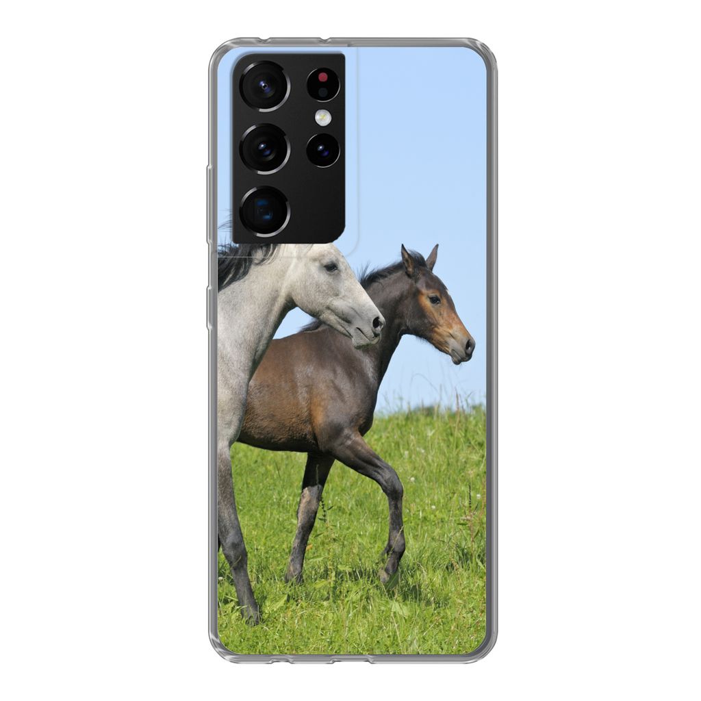 MuchoWow Handyhülle Schutzhülle Hülle für Samsung Galaxy S21 Ultra Pferde - Tiere - Gras Silikon Softcase Handy Hülle - Mobiltelefon