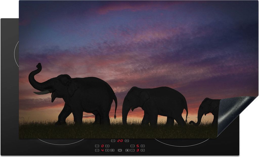 KitchenYeah Herdabdeckplatte Silhouette laufender Elefanten , 90x52cm, Küche Deko, Glaskeramikfeld Herdabdeckung, Abdeckplatte fùr Kochfeld