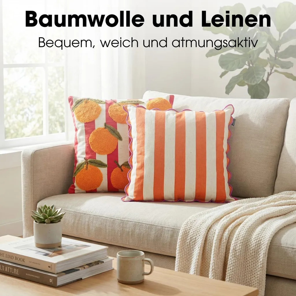 Coussin Décoratif Orange en Coton et Lin - Finition Rayée 45 x 45 cm - 5