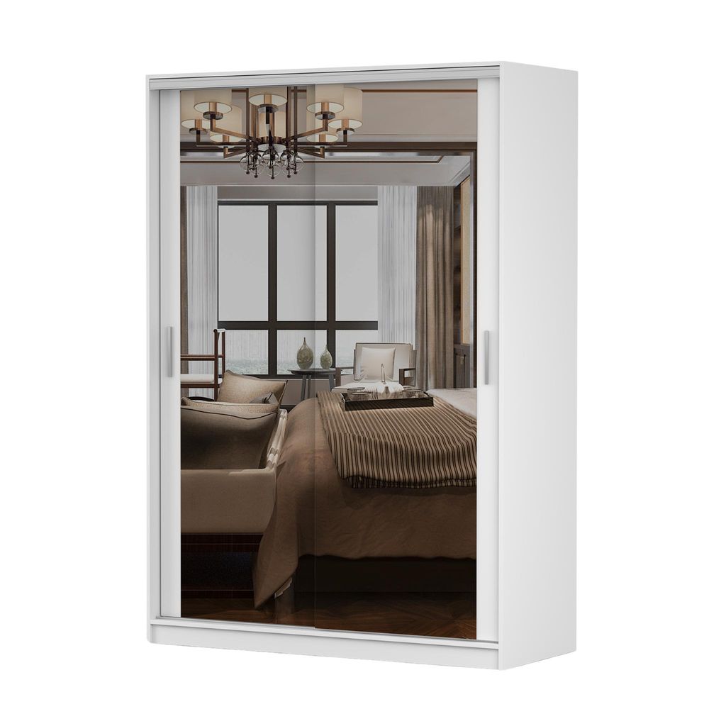Schwebetürenschrank TOKYO M, Schlafzimmer Kleiderschrank Schrank 150 cm Weiß/Weiß mit Spiegel, alurfarbene PVC-Griffe