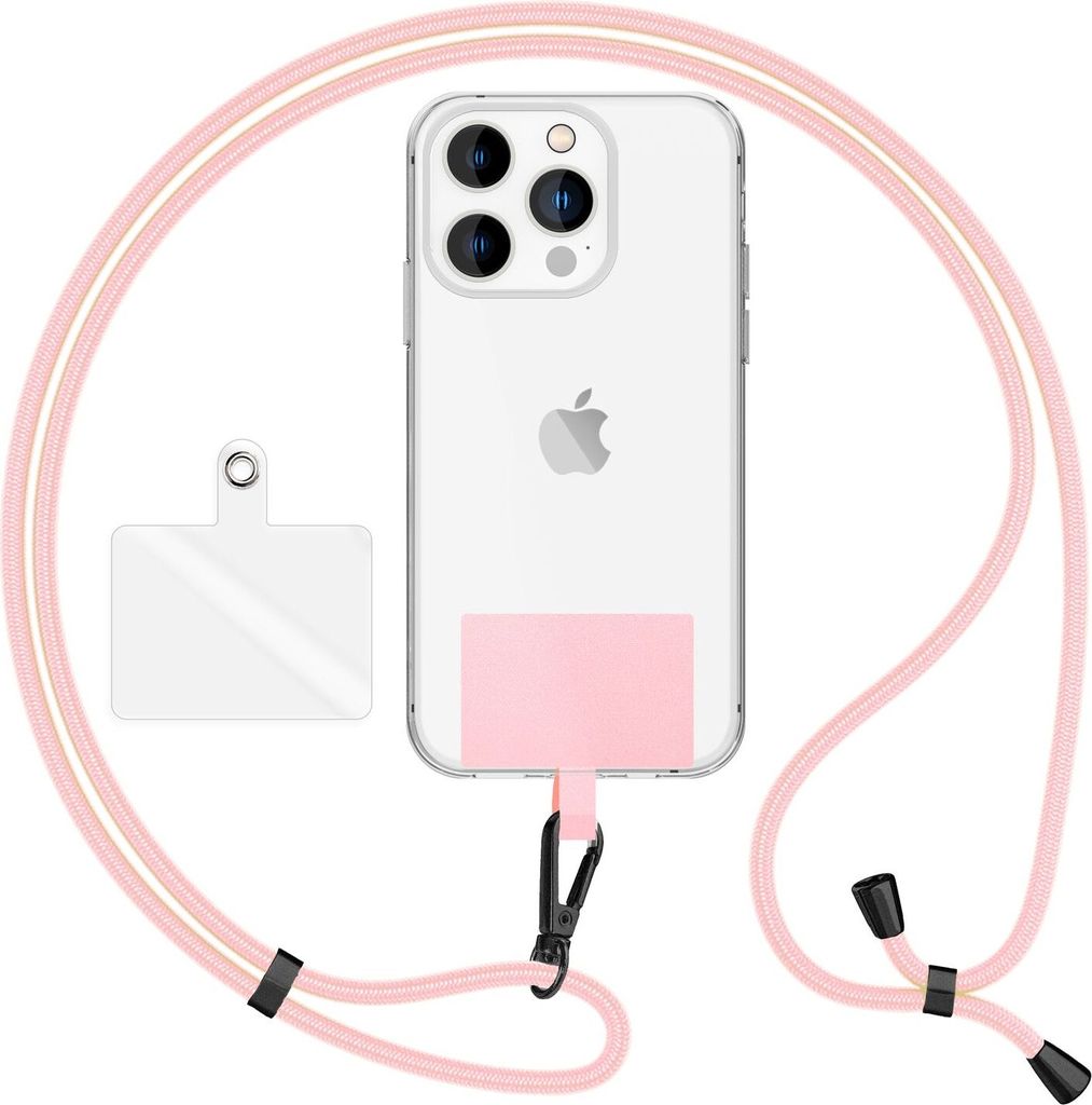 HoldMe Air Edition - Universal Lanyard mit 2 Pads & Karabinerhaken (matt-schwarz) - 160cm Handyband zum Umhängen - Pastell Rosa
