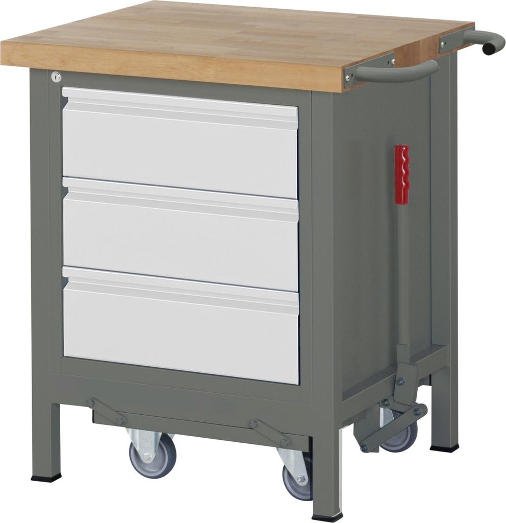 STIER Werkbank Premium, mit abs. Fahrgestell, 3 Schubladen, 75x70x88cm, Stahl & Buche