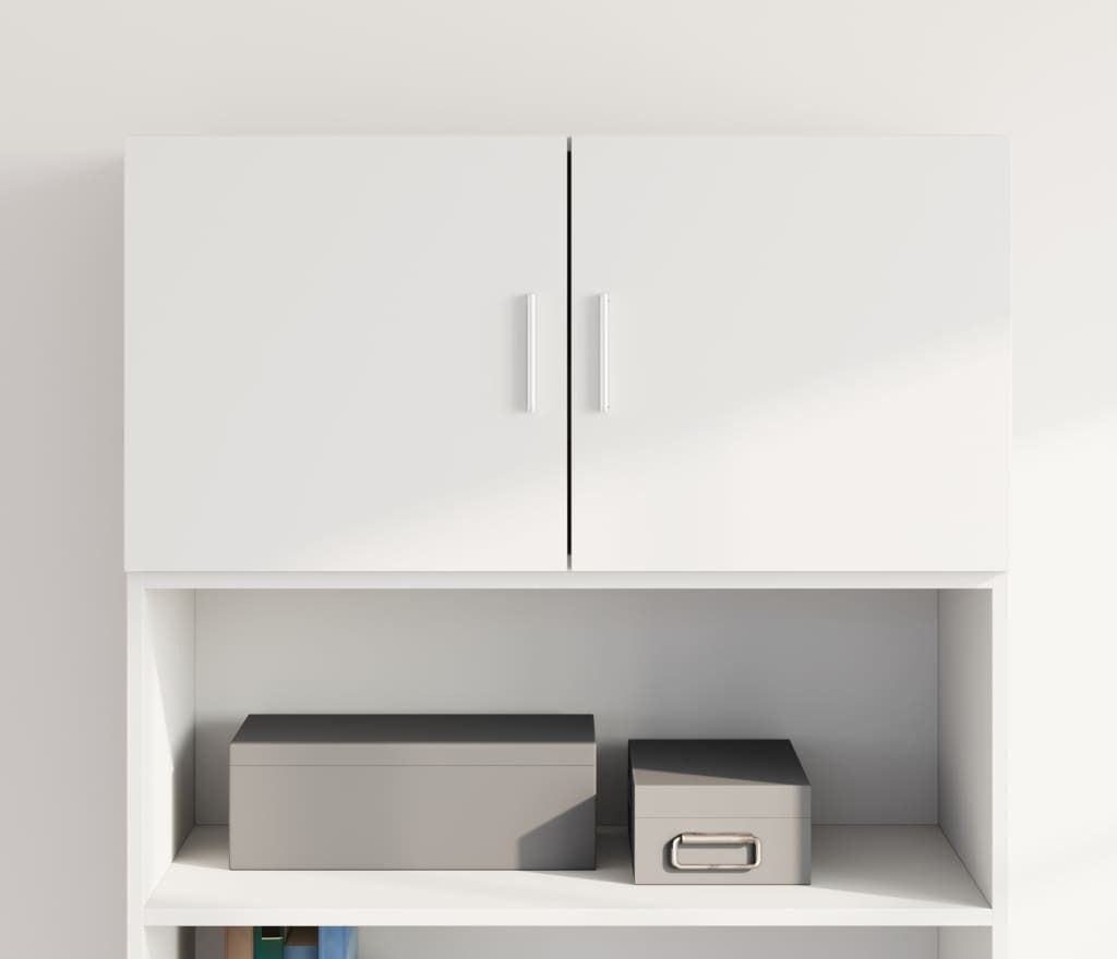 A white wall-mounted cabinet with two doors, and two storage boxes on the shelf below.