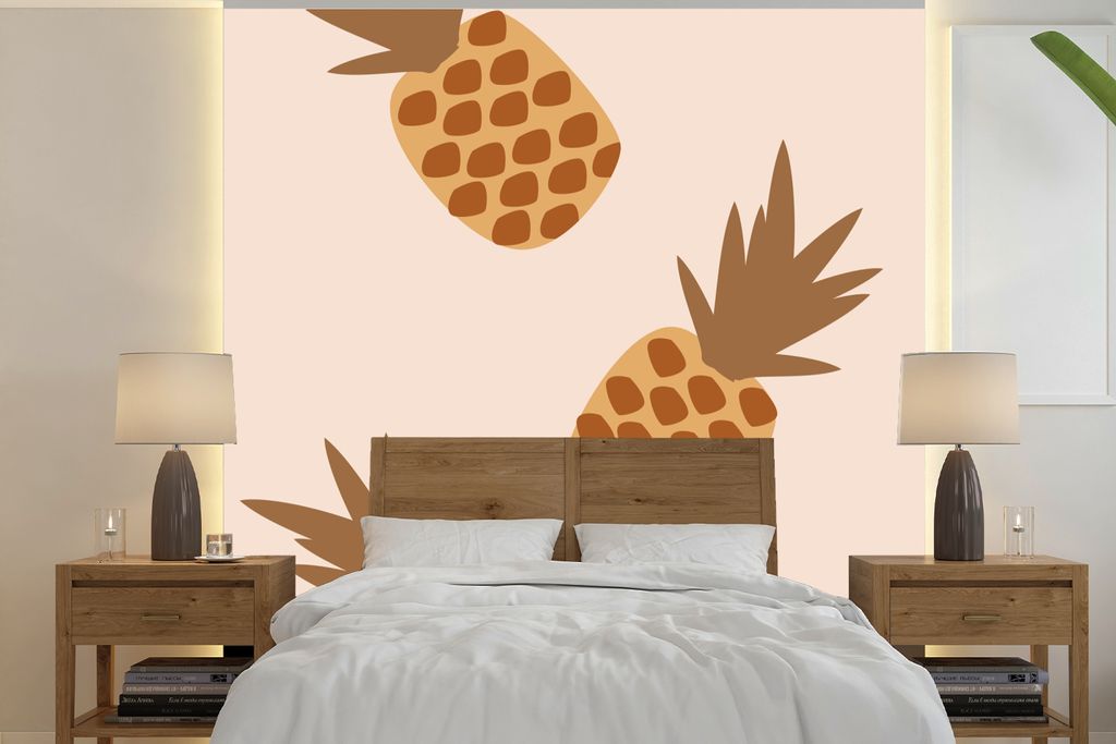 MuchoWow Fototapete für Wohnzimmer oder Schlafzimmer Wandtapete Vinyl Motivtapete Sommer - Ananas - Obst - 240x240 cm - Schlafzimmer-Tapete