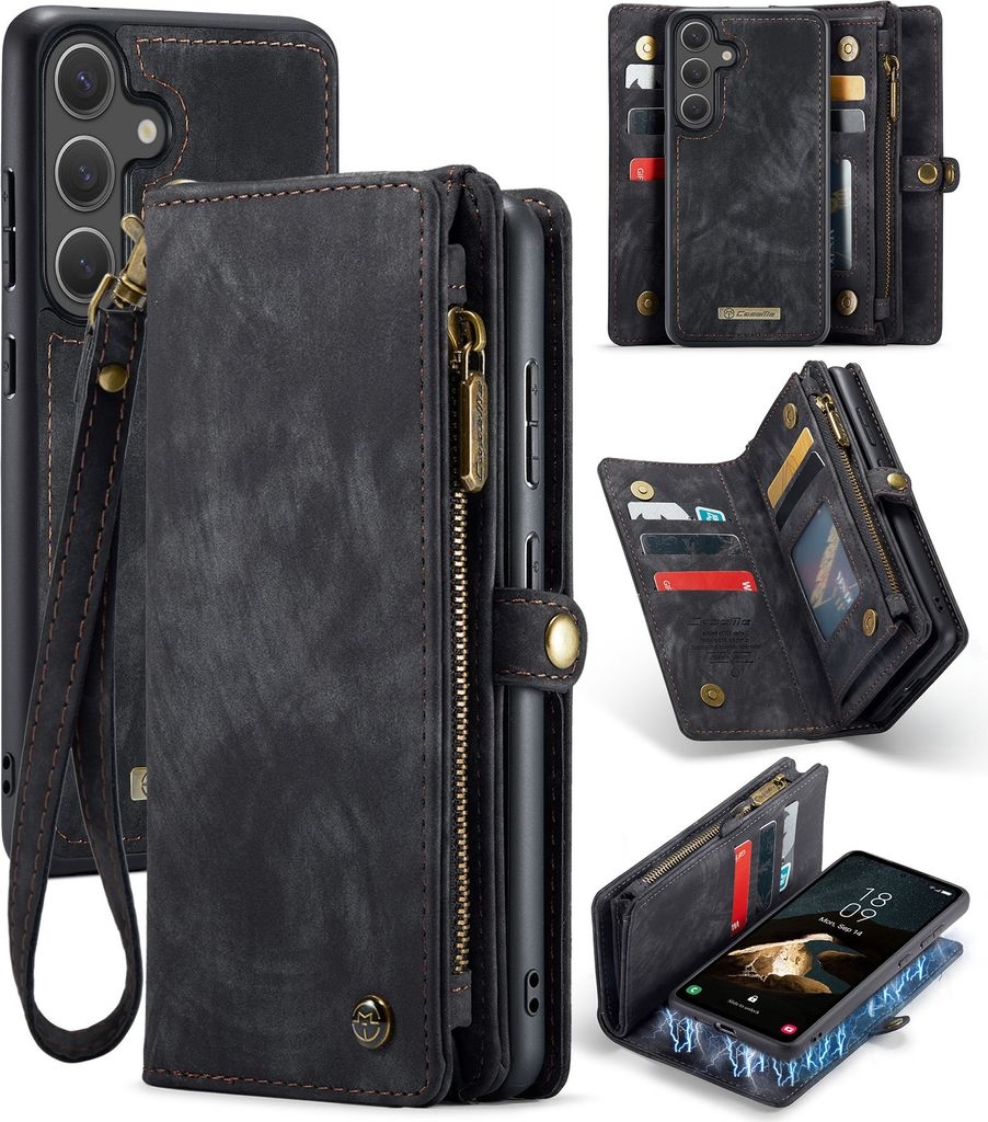 Schutzhülle für Samsung Galaxy S24+, Vintage Multifunktions Lederhülle, Kartenfächer, Reißverschluss Hülle Schwarz