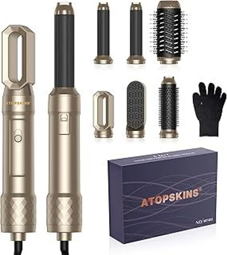 Set per lo styling dei capelli Hairstyler Airstyler Atopskins 6 in 1 Air Styler, spazzola ionica Air Brush con ferro arricciacapelli ad aria calda da 30 mm | Asciugacapelli da 1000 W per dare volume, asciugare, lisciare, arricciare, set regalo