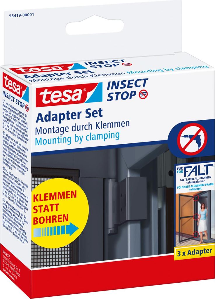 tesa FALT Insektenschutz Tür Adapter Klemme, Montage ohne Bohren, schwarz