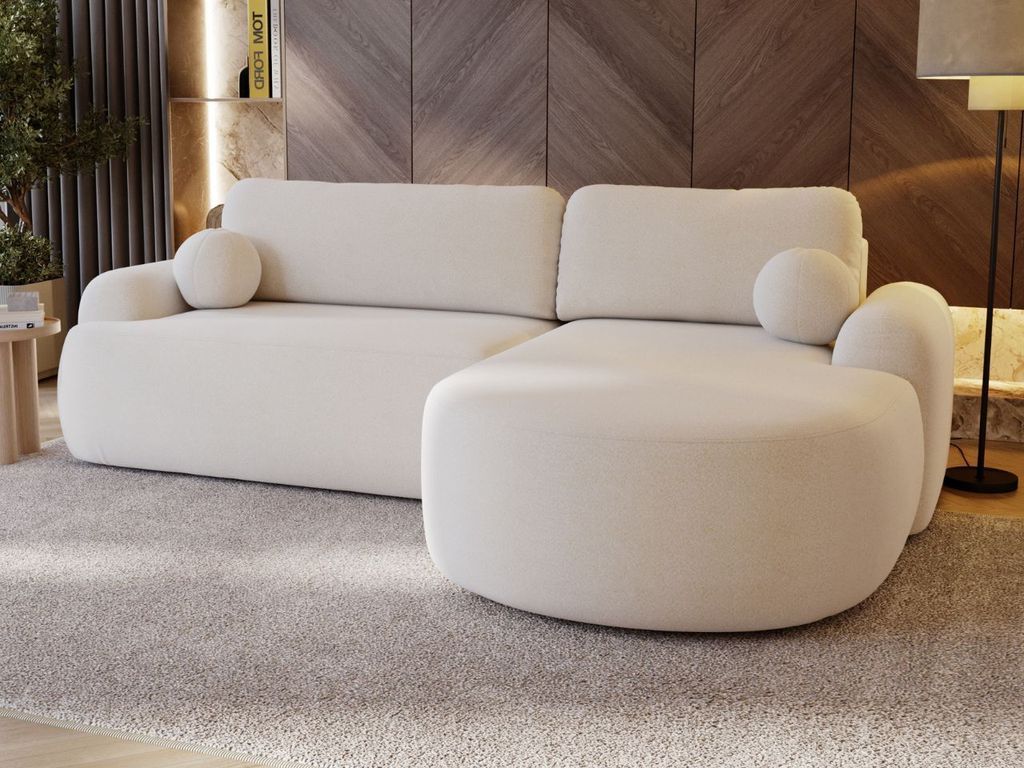 GrainGold Ecksofa L-Form Aurio Rechts - Ecksofa mit Schlaffunktion, Bettkasten - Moderne Ecksofa, Wohnzimmer Sofa - Eckcouch weiß (Lambi 07)