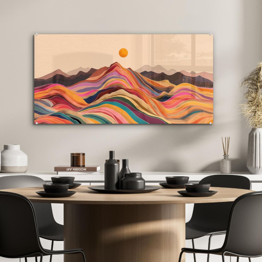 MuchoWow Glasbilder - Bilder auf Wandbild - Foto auf Glas Sonne - Bunte Landschaft - Berge 80x40 cm Wanddekoration aus Glas - Acrylglasbild - Acryl...
