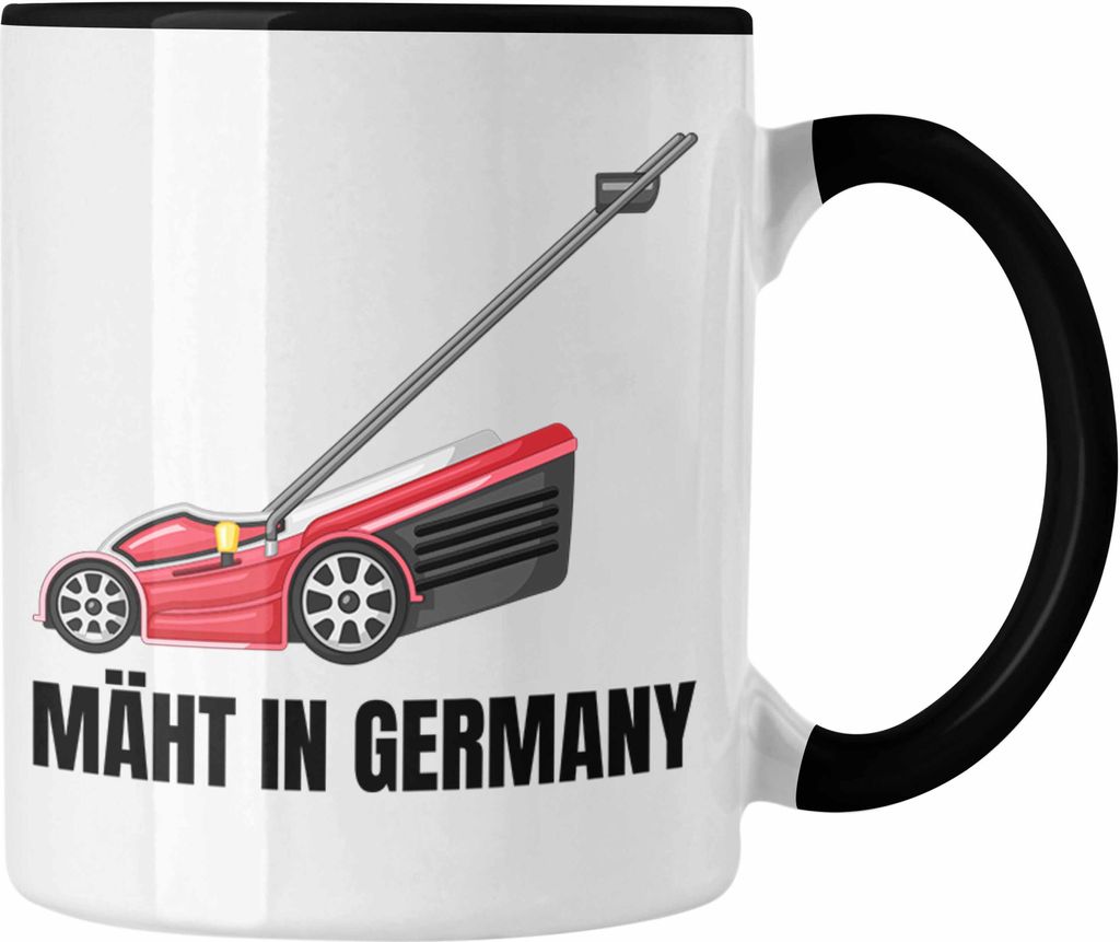 Trendation - Mäht In Germany Tasse Geschenk Gärtner Kaffee-Becher für Hobbygärtner Geschenkidee Geburtstag (Schwarz)