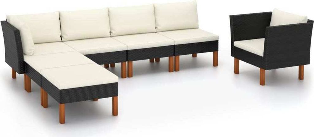 7-tlg. Garten-Lounge-Set Poly Rattan Eukalyptusholz Schwarz