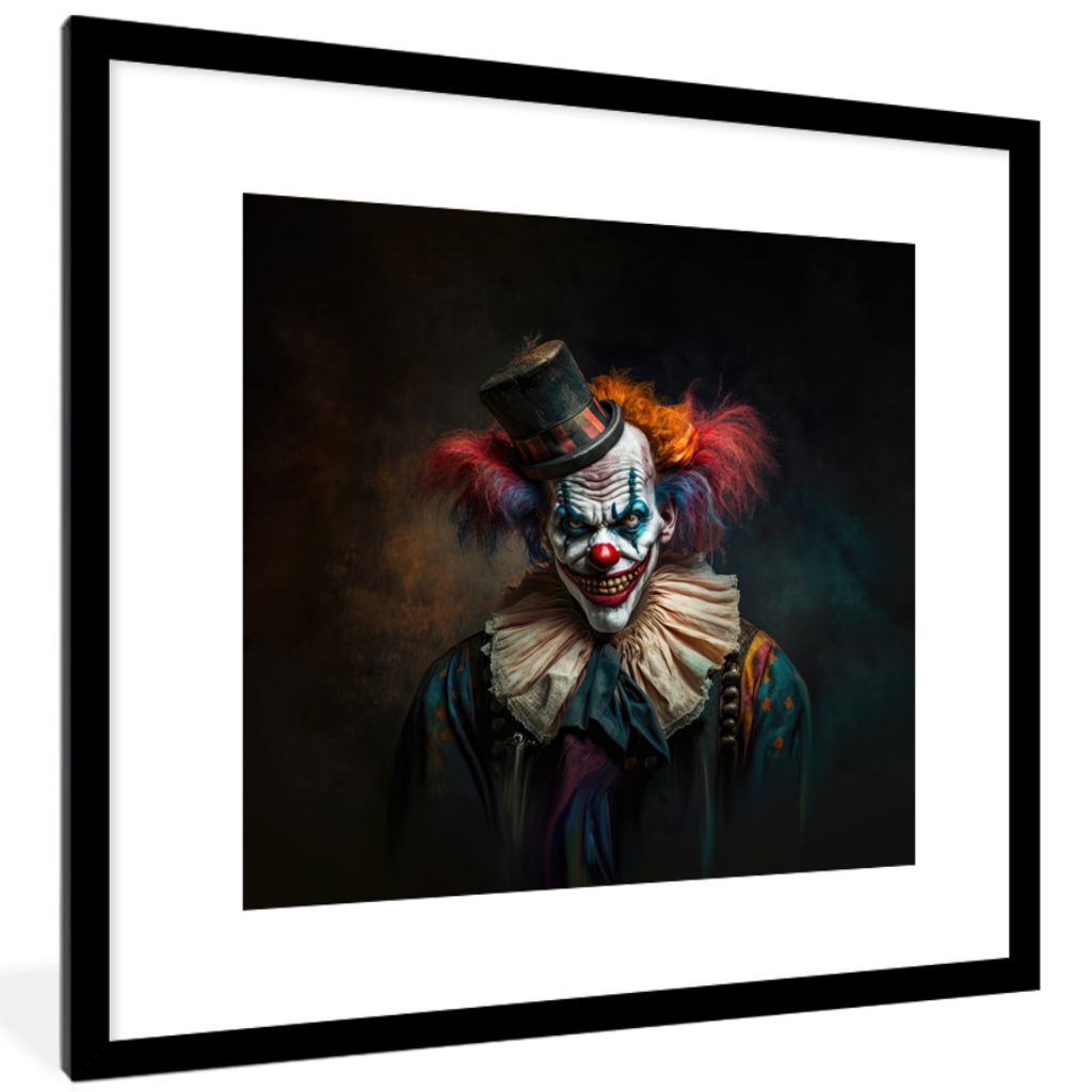 MuchoWow Gerahmtes Poster Clown - Hut - Kragen - Porträt - Killerclown 40x40 cm - Poster mit Schwarzem Bilderrahmen Wandposter Rahmen Foto Bilde...